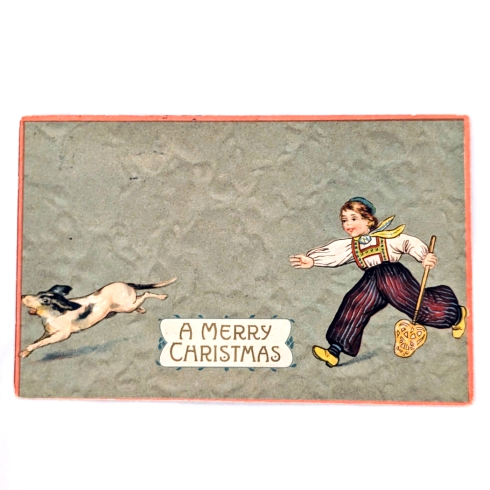 Antique 1910 Embossed Christmas Postcard Child Dog Rotograph Germany